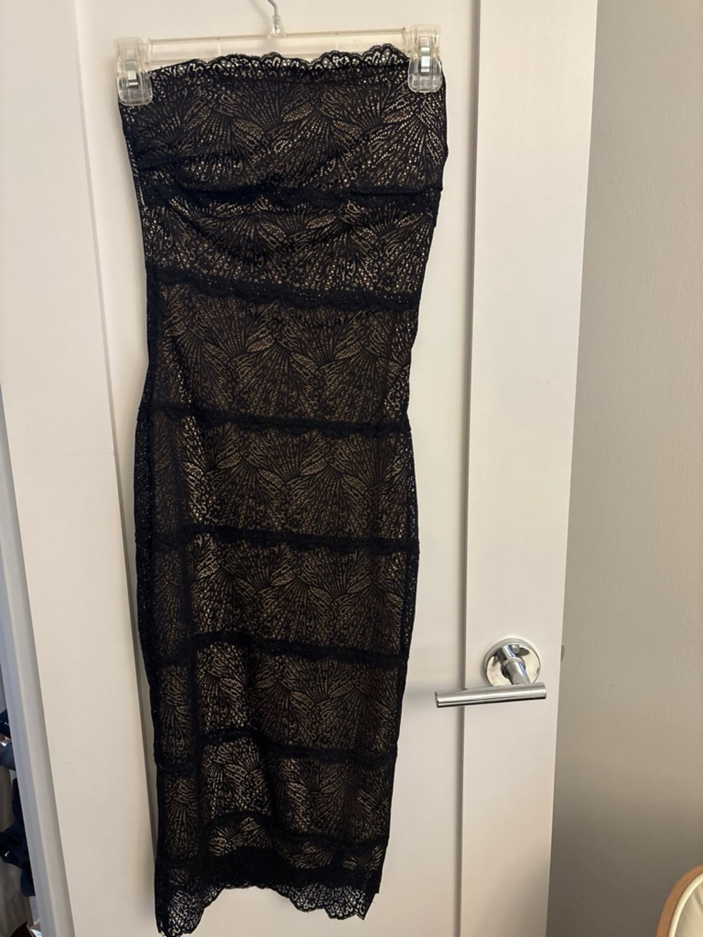 bebe Strapless Black Lace Overlay Midi Dress